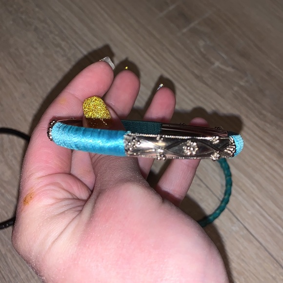 Set of 3 teal & black straw metal bangle bracelets - Picture 4 of 7